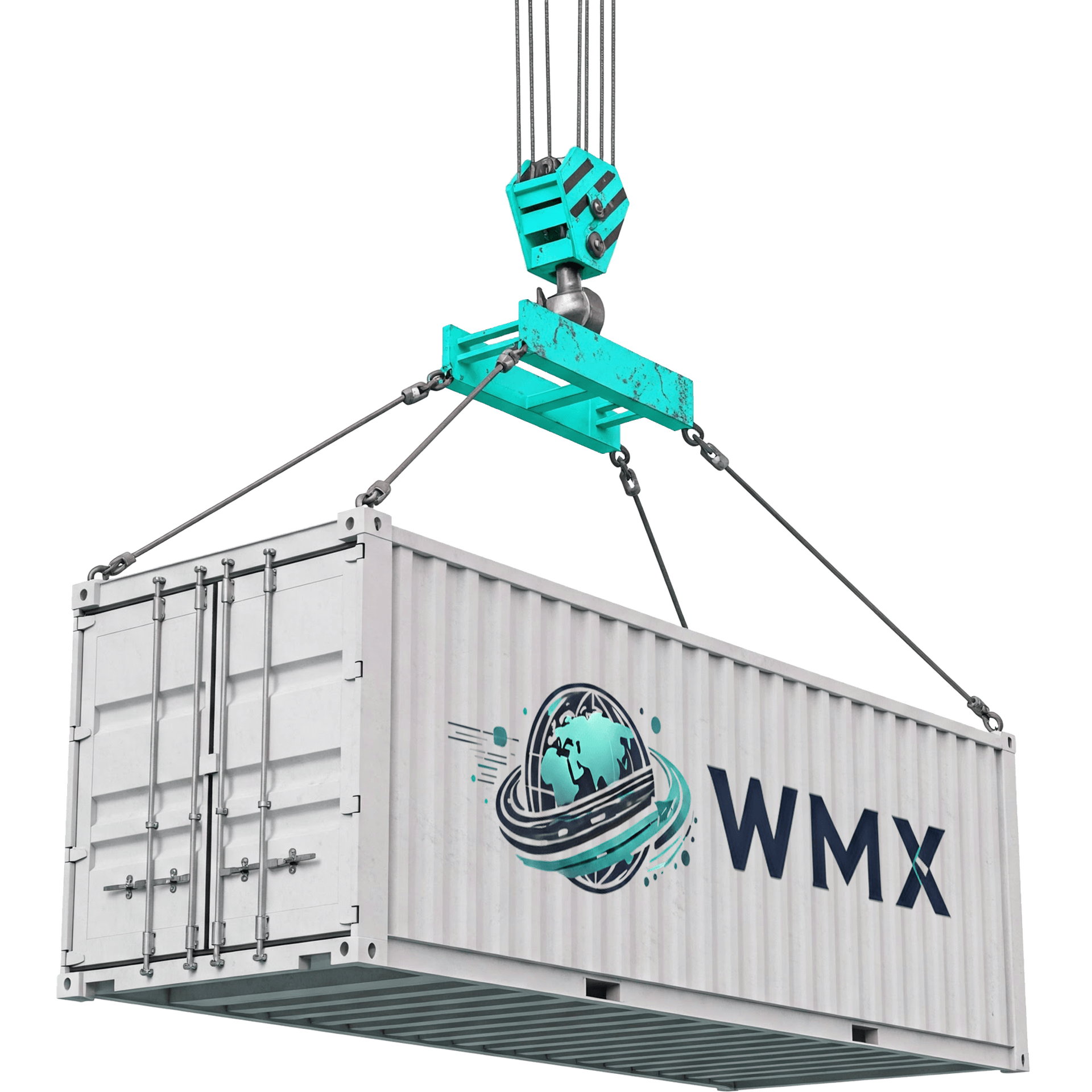 WMX shipping container being lifted by crane