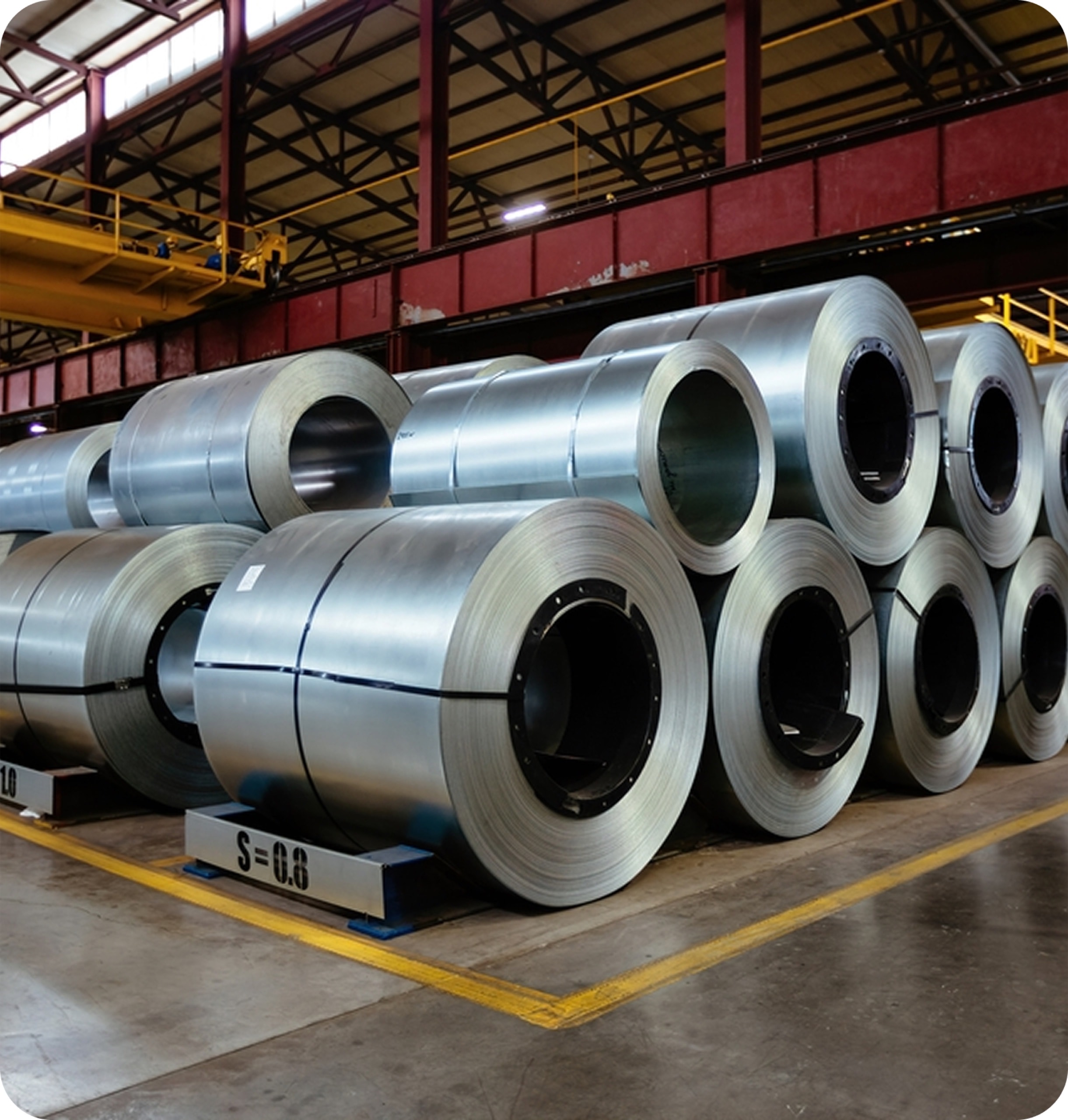 Rolls of sheet metal in a manufacturing warehouse