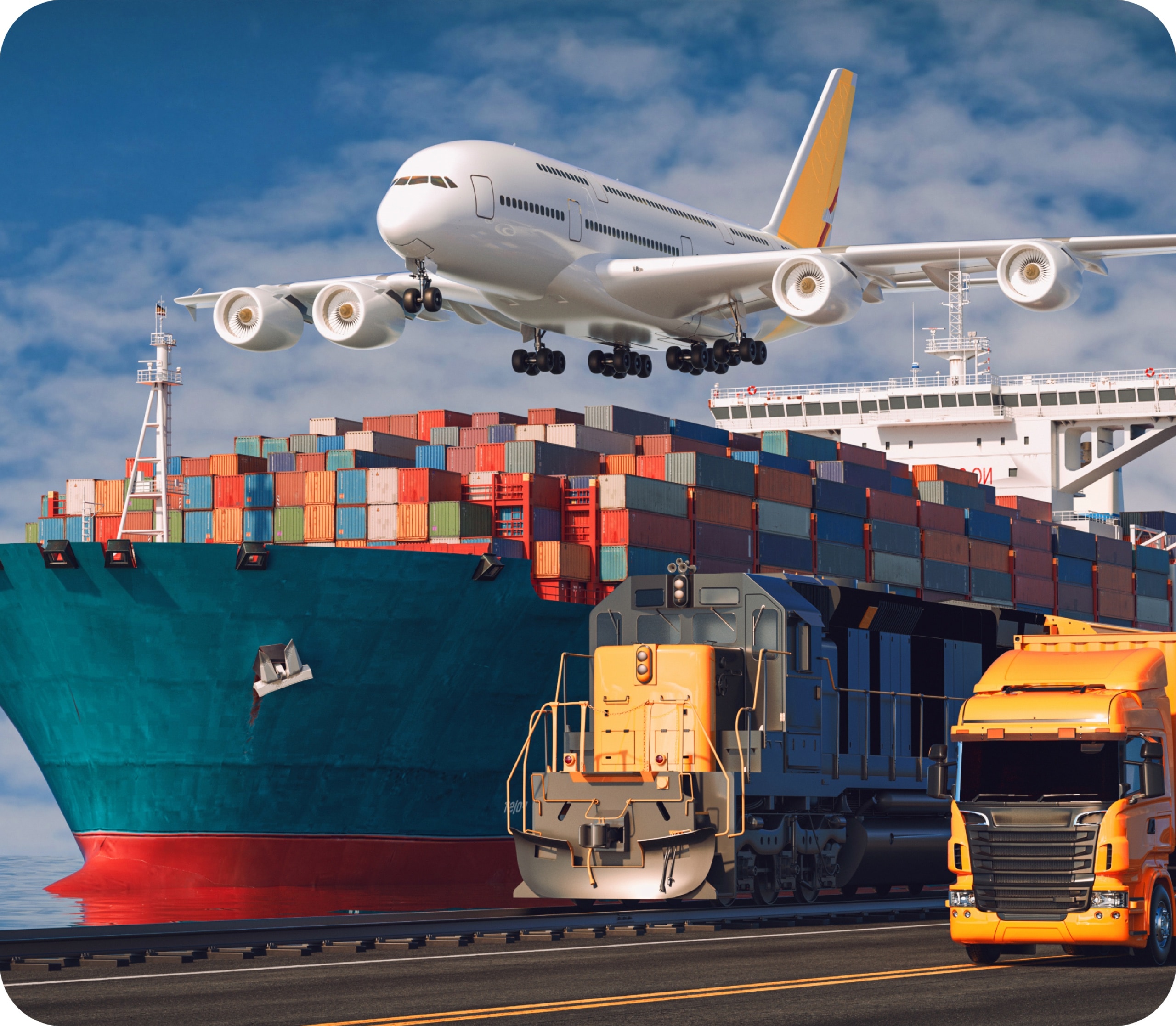 Cargo plane, container ship, train, and freight truck representing global logistics